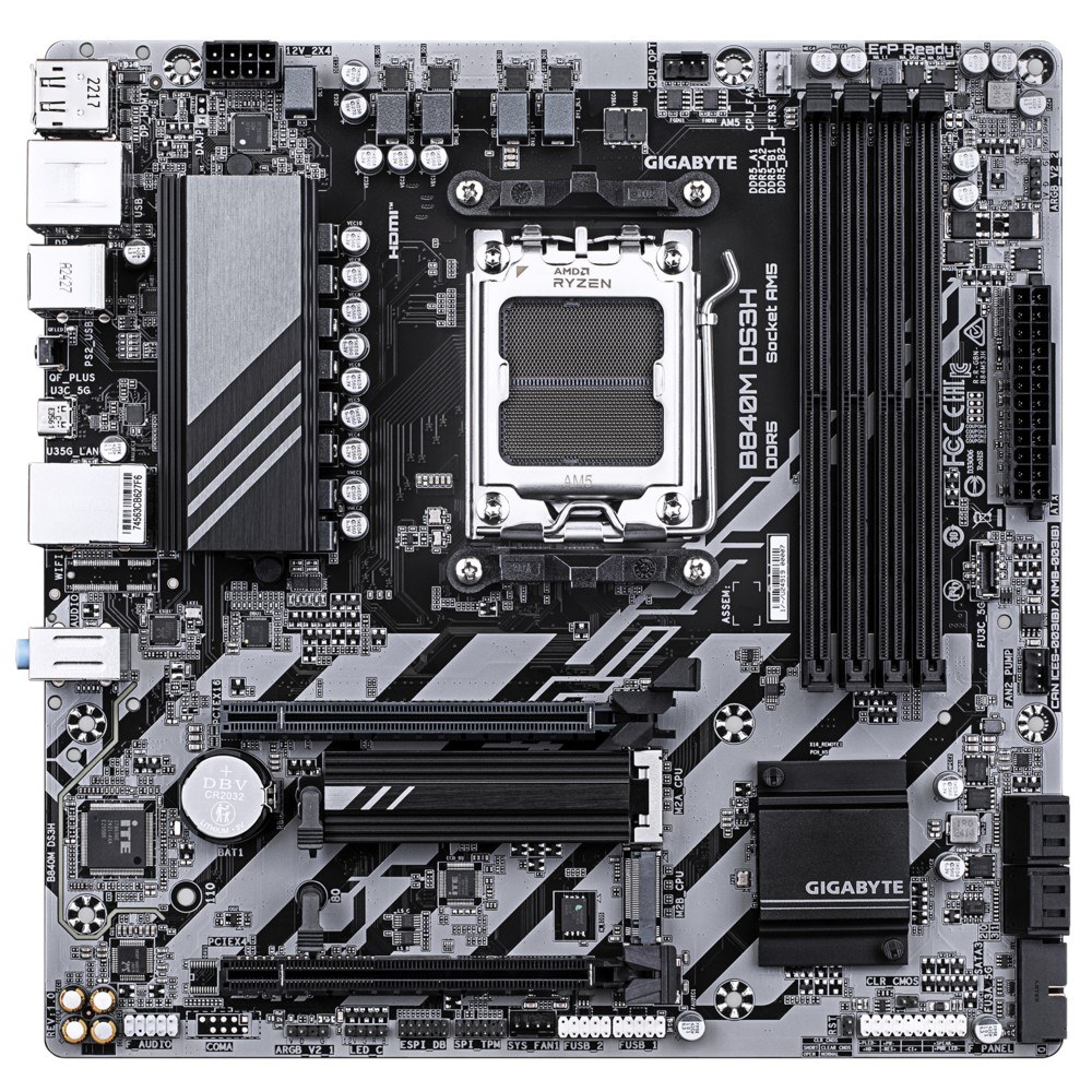 Фото Материнская плата Gigabyte B840M DS3H, AM5, AMD B840, 4xDDR5, 4xSATA, 2xM.2, 1xPCIe 4.0 x16, 1xPCIe 3.0 x4, 2xDP, 1xHDMI, 1x2.5Gb LAN, 3xUSB-A 5Gbps, 8xUSB-A 2.0, 1xUSB-C 5Gbps, 3x3.5 мм, 7.1, mATX