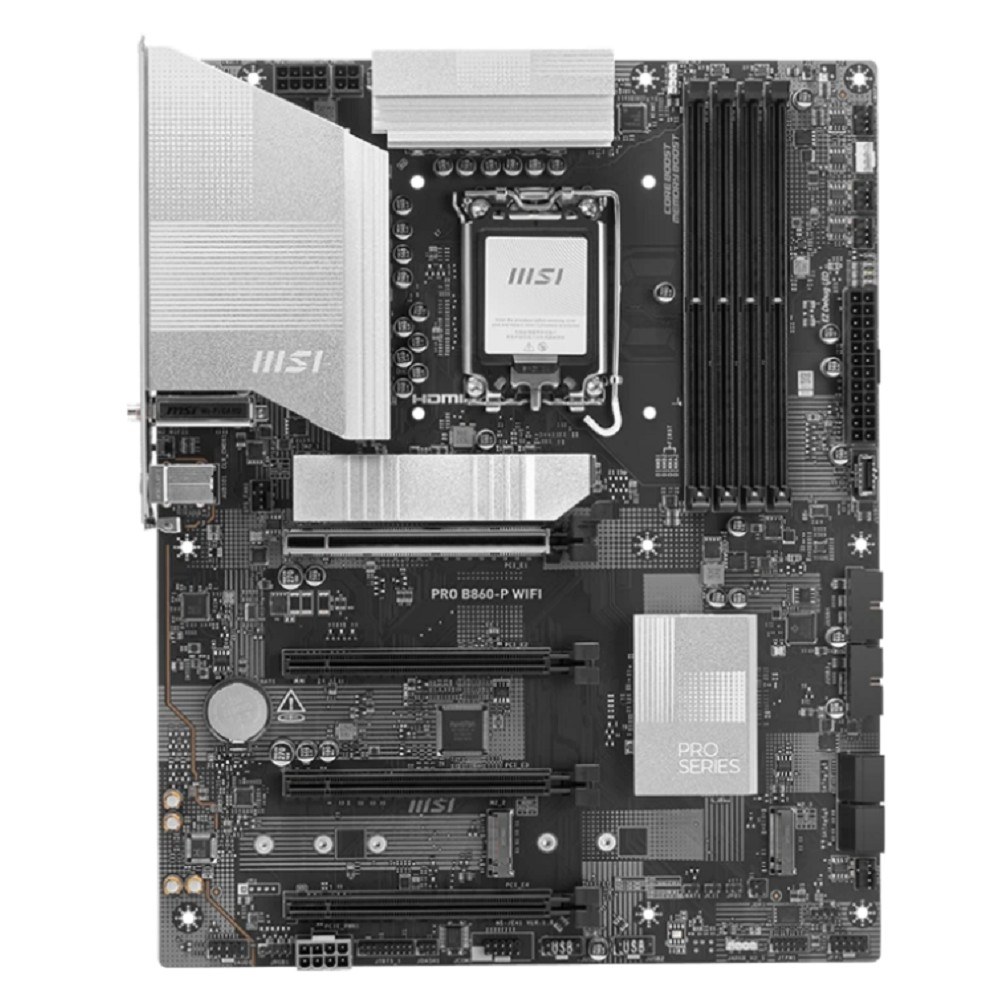 Фото Материнская плата MSI PRO B860-P WIFI, LGA 1851, Intel B860, 4xDDR5, 4xSATA, 3xM.2, 1xPCIe 5.0 x16, 1xPCIe 4.0 x4, 2xPCIe 4.0 x1, 1xHDMI, 1xDP, 1xUSB-C, 1x 5Gb LAN, 2xUSB-A 3.2 Gen 2, 2xUSB-A 3.2 Gen 1, 4xUSB-A 2.0, 3x3.5 мм, 7.1, Wi-Fi 7, ATX