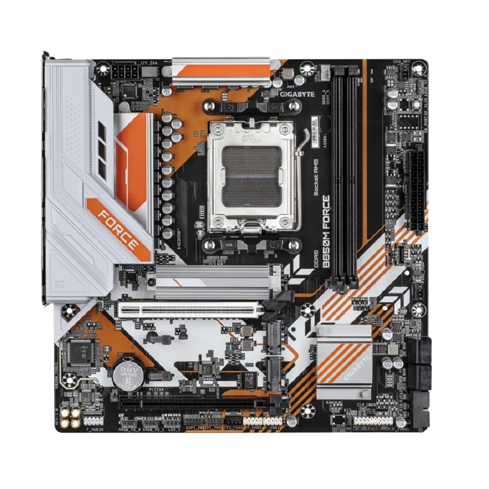 Фото Материнская плата Gigabyte B850M FORCE, AM5, AMD B850, 2xDDR5, 4xSATA, 3xM.2, 1xPCIe 5.0 x16, 1xPCIe 4.0 x4, 1xHDMI, 1xDP, 1x2.5Gb LAN, 1xUSB-C 5Gbps, 1xUSB-A 10Gbps, 2xUSB-A 5Gbps, 2xUSB-A 2.0, 3x3.5 мм, 7.1, mATX