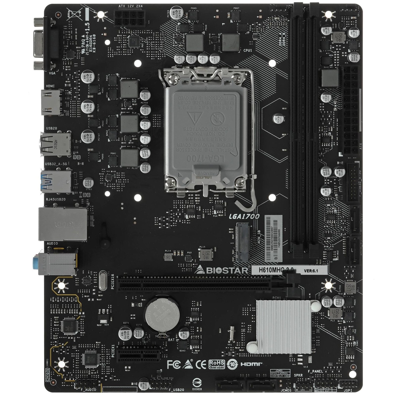 Фото Материнская плата Biostar H610MHC 2.0, LGA1700, Intel H610, 2xDDR4, 4xSATA, 1xM.2, 1xPCIe 4.0 x16, 1xPCIe 3.0 x1, 1xHDMI, 1xVGA, 1x1Gb LAN, 2xUSB-A 5Gbps, 4xUSB-A 2.0, 3x3.5 мм, 7.1, mATX
