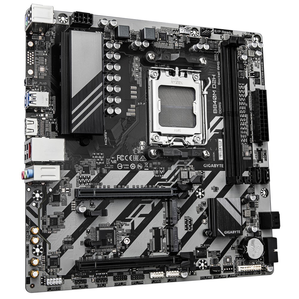 Фото Материнская плата Gigabyte B840M D2H (V1.2), AM5, AMD B840, 2xDDR5, 4xSATA, 2xM.2, 1xPCIe 4.0 x16, 1xPCIe 3.0 x4, 1xHDMI, 1x2.5Gb LAN, 2xUSB-A 5Gbps, 8xUSB-A 2.0, 3x3.5 мм, 7.1, mATX