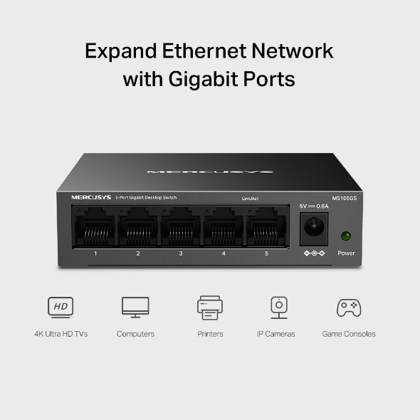 Фото Коммутатор настольный Mercusys MS105GS с 5 гигабитными портам