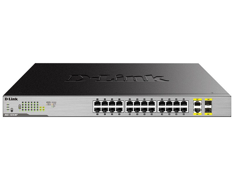 Фото Коммутатор неуправляемый D-Link DGS-1026MP/B2A с 24 портами 10/100/1000Base-T, 2 комбо-портами 100/1000Base-T/SFP (24 порта PoE 802.3af/at, PoE-бюджет 370 Вт)