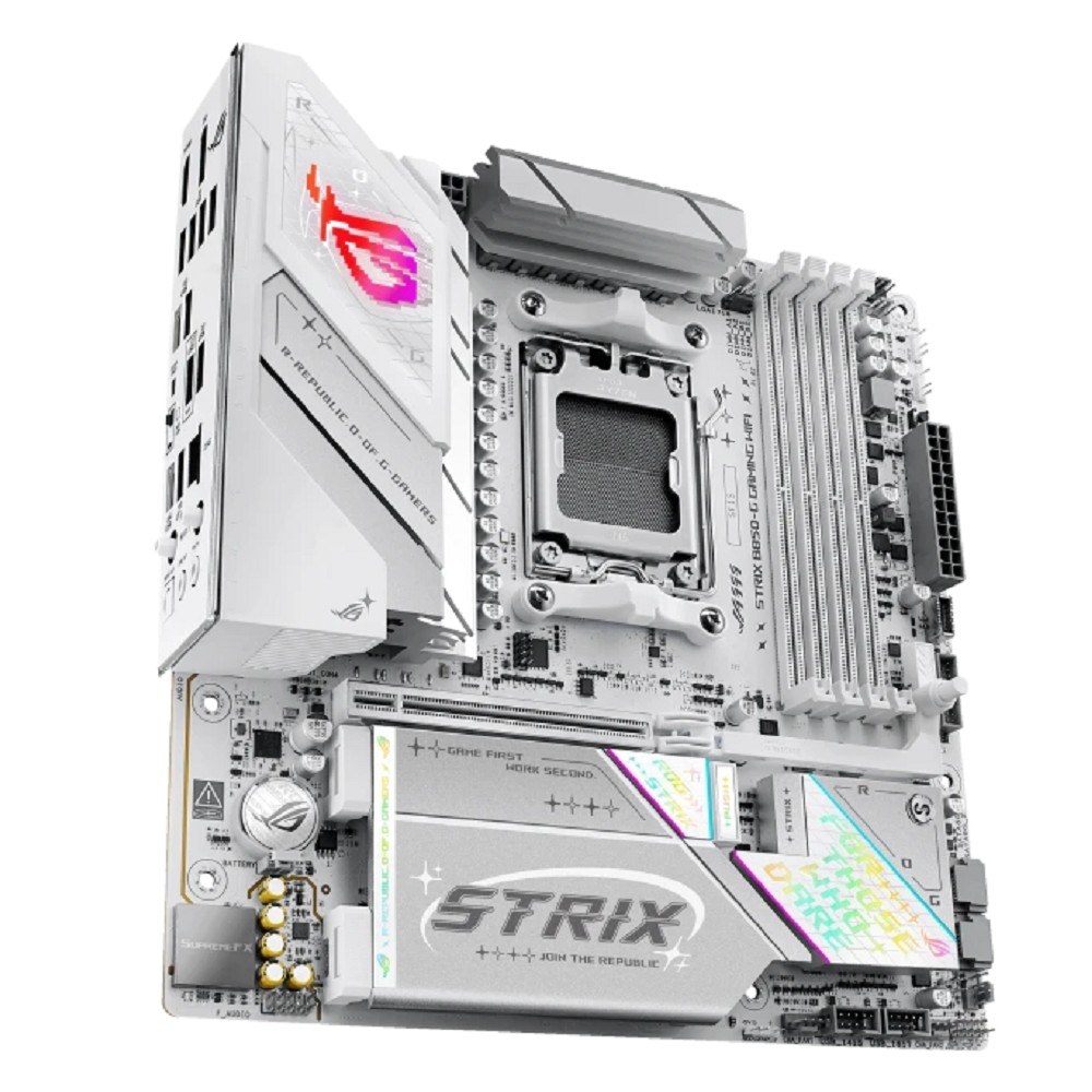 Фото Материнская плата Asus ROG STRIX B850-G GAMING WIFI, AM5, AMD B850, 4xDDR5, 2xSATA, 4xM.2, 1xPCIe 5.0 x16, 1xHDMI, 1xDP, 1x2.5Gb LAN, Wi-Fi 7, Bluetooth 5.4, 1xUSB-C 20Gbps, 1xUSB-C 10Gbps, 2xUSB-A 10Gbps, 4xUSB-A 5Gbps, 2xUSB-A 2.0, 2x3.5 мм, 7.1, mATX